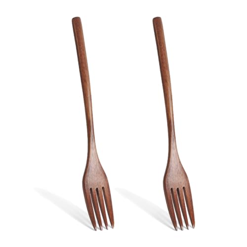 EYAKEG 2 Pieces Wooden Forks 8.8 Wood Utensils Set Kitchen Dinner Fork for Food Desserts Salad Fruit Wood Cutlery for Travel Brown