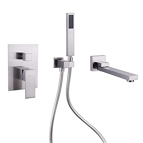 Grifo para bañera de montaje en pared con ducha de mano, grifo moderno de latón macizo con giro de 180°, acabado en níquel cepillado miniatura 1