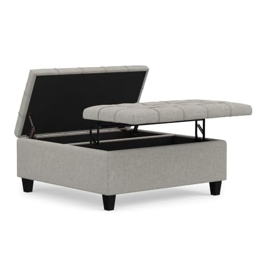 SIMPLIHOME Harrison 36 inch Wide Square Coffee Table Lift Top Storage Ottoman, Cocktail Footrest Stool in Upholstered Dove Grey Tufted Linen Look Fabric for the Living Room, Traditional