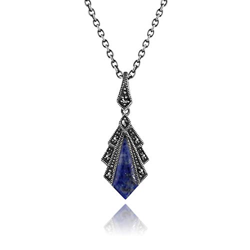 925 Sterling Silver Cabochon Square Cut Lapis Lazuli, Black Onyx and Marcasite Art Deco Kite Shaped Pendant with 45cm Necklace