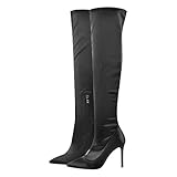 Only maker Damen Overknees Stretch Stiefel Stiletto Absatz Lack Optik Satin Material Schwarz 39 EU