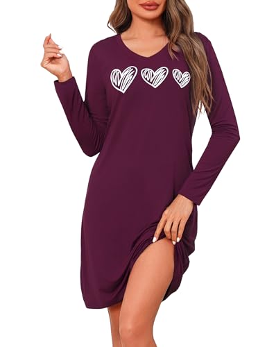 Marvmys Camisón Mujer Invierno Manga Larga Camisones Mujer Algodón con Cuello en V Ropa de Dormir con Estampado de Corazones
