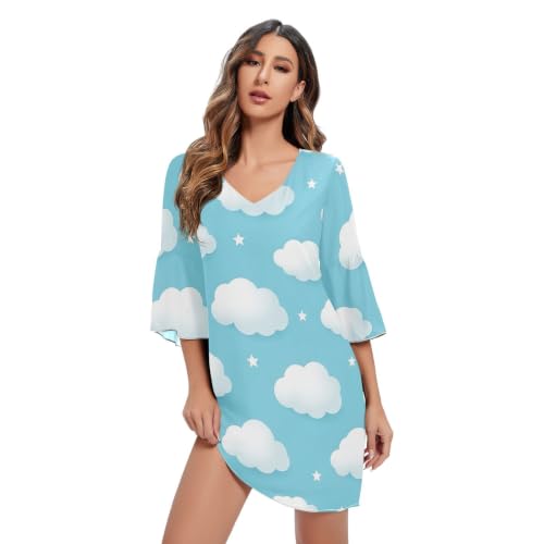 Robe d'été en mousseline de soie bleu clair chic col en V manches 3/4 midi