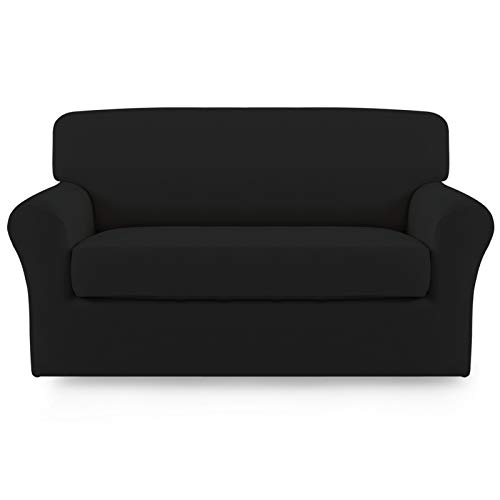 Image of Easy-Going 2 Pieces Stretch Loveseat Couch Sofa Slipcover Washable | Spandex Soft Fitted Sofa Couch Cover for Sofa Furniture Protector with Bottom Kids,Pet Dog Black