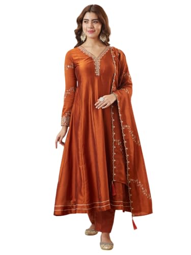 Image of MOKOSH Women's Silk Embroidery Anarkali Kurta Pant with Dupatta | Anarkali Kurta Set |Ethnic Kurta Set for Women |Floral Kurta 7 Colour Options Available |3 Piece Outfit