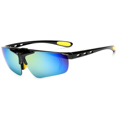 Image of Flip Up Sports Sunglasses for Men - Stylish Myopia Frame UV400 Protection Wraparound Mirrored Anti Glare Goggles - Lightweight Branded Glasses for Cycling, Cricket, Night Driving, Riding