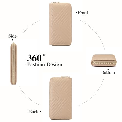 GAEKEAO Wallet for Women Embroidered Wallets Clutch RFID Blocking Leather Large Capacity Credit Card Holder Ladies Purses with Zipper Coins Pocket Khaki3