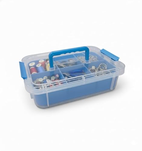Image of plastic boxes for Storage transparent boxes for storage, Portable & Stackable Space Saving Organiser with Lid for Medicine, Jewelry, Arts & Crafts, Buttons, Beads (Blue, 1 TIER)