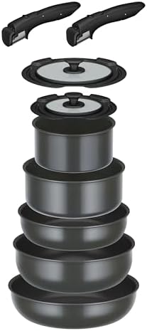 Thermos Durable Series KSD-9A GY 9-Piece Frying Pan Set with Detachable Handle, DA, IH Compatible, Gray with 2 Dedicated Handles, Dishwasher Safe, PFOA and PFOS Free