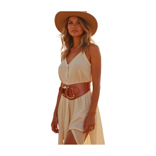 Women Fashion Elastic Wide Brown Belt Hip Waist Gold Metal Hook Buckle Size S M3