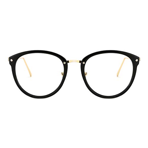 TIJN Blue Light Blocking Vintage Round Metal Optical Eyewear Non-prescription Eyeglasses Frame for Women (04-black, 01-Blue light Blocking Lens)
