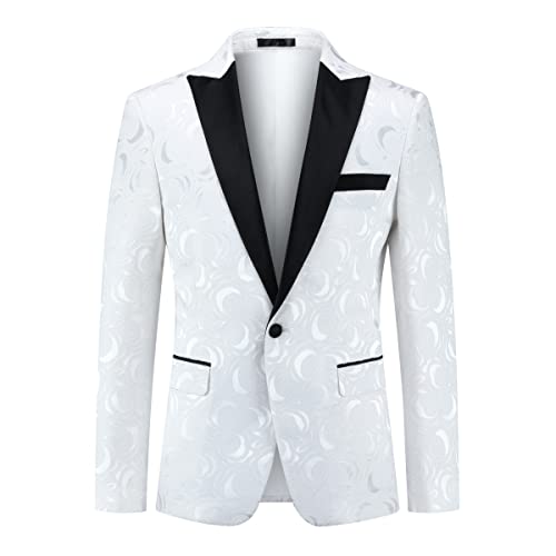 YFFUSHI Blazer Casual para Hombre con Jacquard Floral, Chaqueta de Traje de Corte Ajustado, Esmoquin de Vestir con 1 Botón, Abrigo para Bodas y Negocios, blanco, L