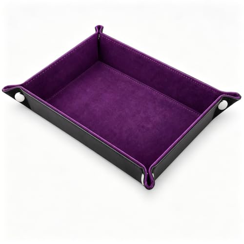 Dice Tray Folding Rectangle Dice Rolling Tray for RPG & Tabletop Games PU Leather Surface with Purple Velvet Lining Snap-Corner Design