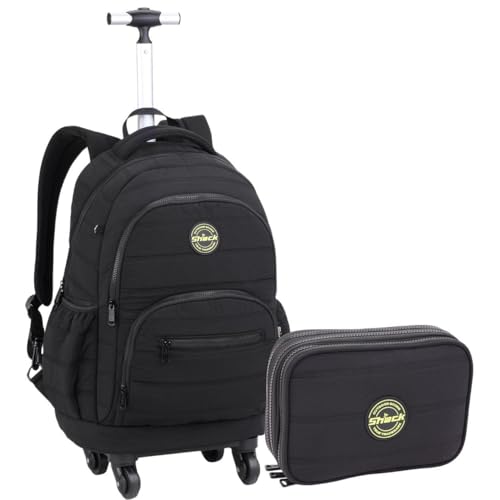 Kit Material Escolar Masculino Mochila com Rodas com Estojo Organizador de Lápis Caneta, Alça Telescópica Ajustável, Bolsos Espaçosos, Reforçado (Preto)