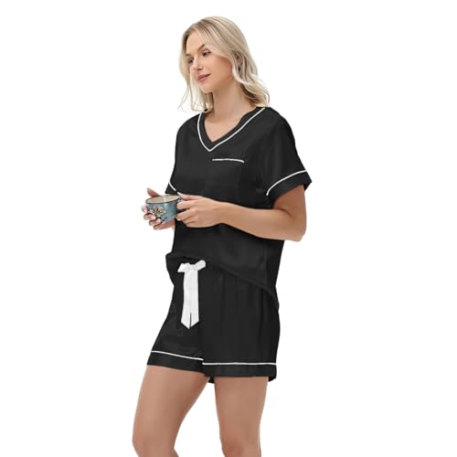 Image of 3 Piece Silk Satin Pajamas Set for Women Soft Short Sleeve Pjs Silky V Neck Sleepwear with Top Shorts and Pants,Black,M