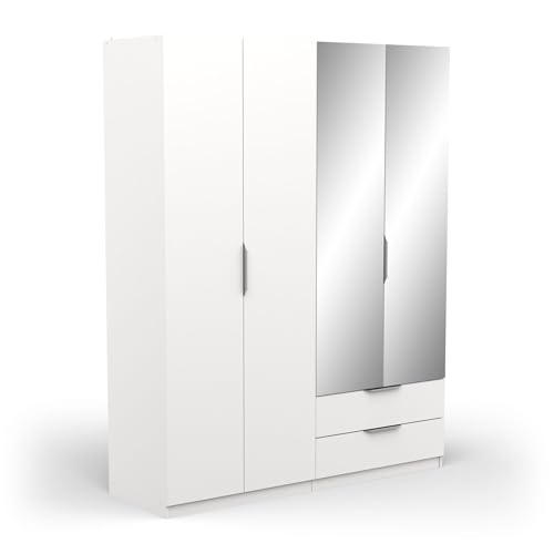 Demeyere 391371 Vestidor con Espejos y Armario Moderno 4 Puertas 5 estantes 2 cajones, Color Blanco Mate, 157,3 x 51,1 x 203 cm, Madera de ingeniería, Gris