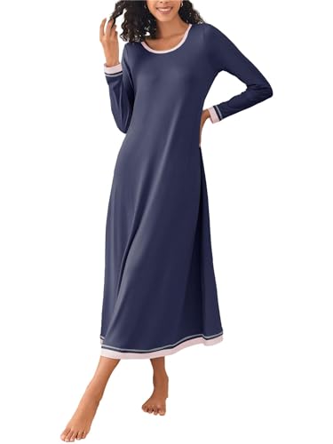 Ekouaer Women's Long Nightgowns Sleep Shirt Soft Nightdress Sleepwear Loungewear Navyblue XL