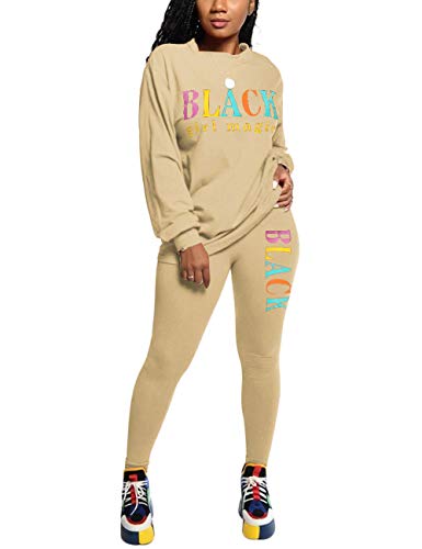 Casual 2 Piece Sport Outfits Long Sleeve Letter Print Pullover Sweatpants Set Jumpsuits Khaki M