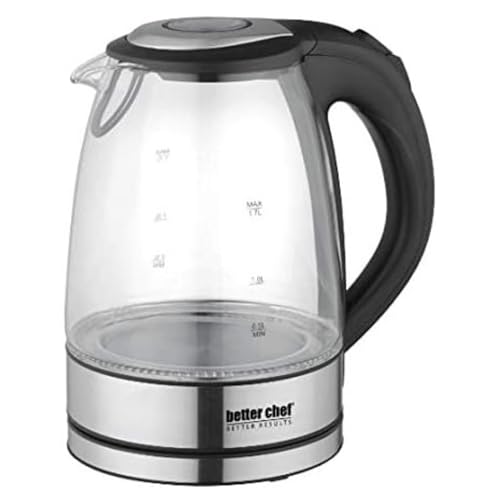 Better Chef Cordless Electric Kettle | 7-Cup Borosilicate Glass | LED Light | Thumb On-Off and Lid Open | 360-deg Swivel Base | Auto Boil-Dry Shut-Off | Stainless