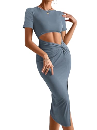 Image of Rooscier Women's Twist Cutout Waist Split Crewneck Short Sleeve Bodycon Midi Dress