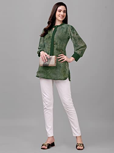 Image of Gufrina Women's Georgette Apple Cut Short Kurti with Long Puff Sleeves Western Style Keyhole Neck Solid Pattern Regular Fit and Mid Thigh Length