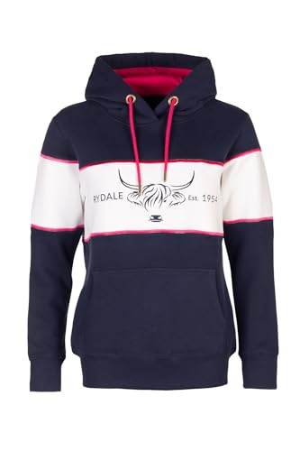 Rydale Ladies Overhead Country Hoody Highland Cow Embroidery Women's Jumper (UK, Numeric, 18, Regular, Regular, Cow Navy/White/Navy)