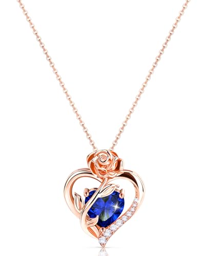 Heart Birthstone Rose Necklace for Women: Genuine 925 Sterling Silver Rose Gold Pendant Dainty Necklace Jewelry Gifts for Christmas Anniversary Birthday Gifts for Her Wife Mom