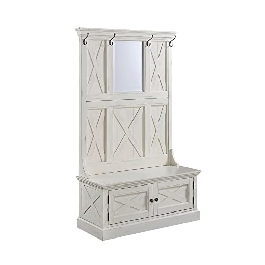 Home Styles Rustic Seaside Lodge White Hall Tree, Full Bench, Two Cabinet Doors, Beveled Glass Mirror, Four Coat Hooks