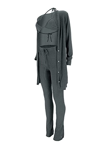 imbpceu Women's Sexy 3 Piece Outfits Button Front Cardigan Triangle Bra Drawstring Split Hem Pants Sets With Pocket3