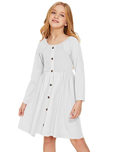 Greatchy Girls White Dress Casual Loose Cute Swing Ruffles Solid Shirred Bodice Long Sleeve Dress With Button #TOP3