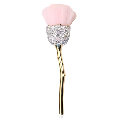 WOKOTO 1pcs Rose Nail Dust Brushes Embedded White Rhinestones For Acrylic Nails Powder Remover Brushes Trimming Cleaning Tools Loose Face Cosmetics Blending Foundation Powder Brush Make Up Brushes