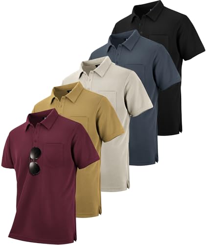 Image of SCODI 5 Pack Mens Pocket Polo Shirts Short Sleeve Golf Casual Work T-Shirt
