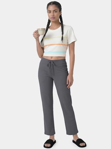 Image of Enamor Mid Rise Regular Length Drawstring Closure Lounge Pants for Women - Slim Fit, Soft and Breathable Stretch Cotton - E014