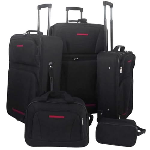 vidaXL Lot de 5 Bagages Rigides en Tissu Enduit PVC, Noir — Inclut Valises à roulettes S/M/L, Sac de déplacement et Trousse de Toilette, Poignée...