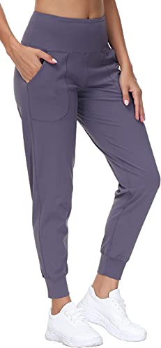Yoga Pants with Pockets for Women Jogger Pants for Women Hiking Pants Joggers for Women High Waisted Workout Pants Exercise Pants Stretchy Nylon Pants Women - Vintage Purple,XL