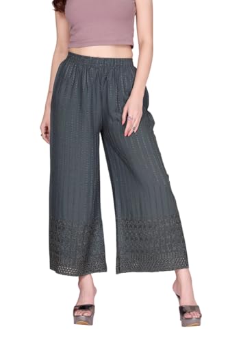 Image of VIVIKA Chikankari Palazzo Pants for Women |Rayon Wide Leg Ethnic Palazo with Embroidery | Comfortable Elastic Waist Women's Palazzo for Casual, Festive & Office Wear