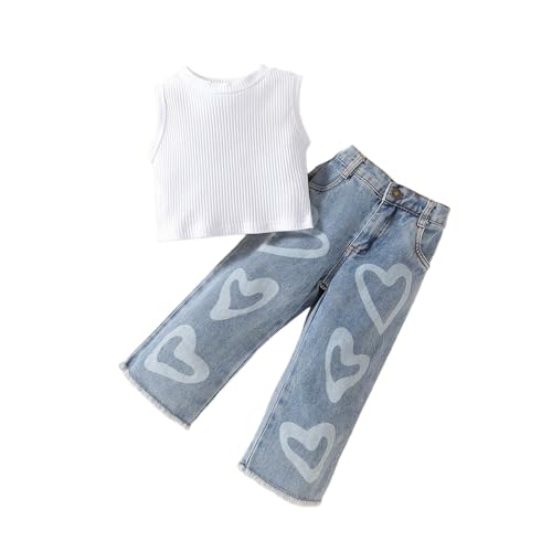 Ensemble été fille de 2 à 5 ans avec débardeur blanc et pantalon large en jean