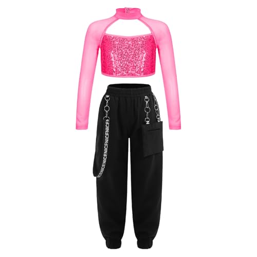 Kids Girls 2Pcs Dance Tracksuit Shiny Crop Top with Cargo Pants Outfits for Hip Hop Sports Dancewear