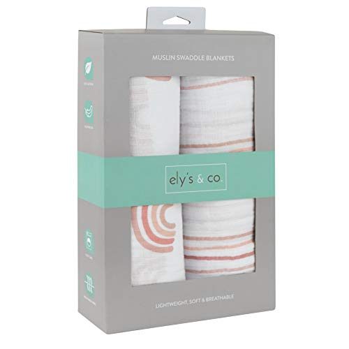 Ely's & Co. Cotton Muslin Swaddle Blanket 2-Pack For Baby Girl — 100% Cotton Muslin Extra-Large Swaddle Blankets (47” X 47”) Dusty Rose Stripes | Rainbows #TOP2