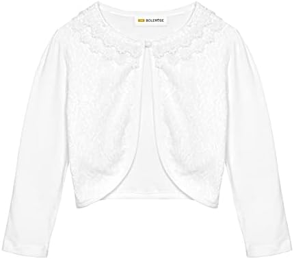 BOLEROSE Girls Long Sleeve Floral Lace Bolero Cardigan Kids Shrug Cover Up (White, 9-10 YRS)