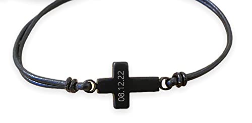 Christian Men's Leather Bracelet With Silver-Tone Sideways Cross Thin Minimalist Cuff, Wristband Custom Handmade #TOP5