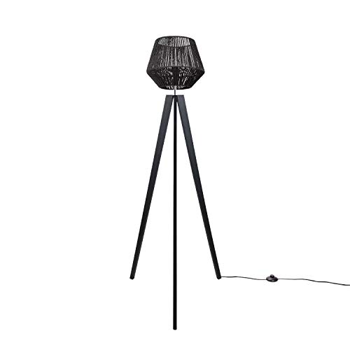Paco Home Stehlampe Modern Wohnzimmer Schlafzimmer Rattan Optik Boho Korb Stehleuchte E27, Lampenfuß: Stehleuchte Schwarz, Lampenschirm: Schwarz (Ø33 cm)