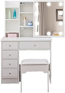 OFCASA Dressing Table with Slide Mirror 5 Drawers White Makeup Desk with Hollywood Lights Mirror and Stool for Girls Bedroom 80 x 40 x 130cm