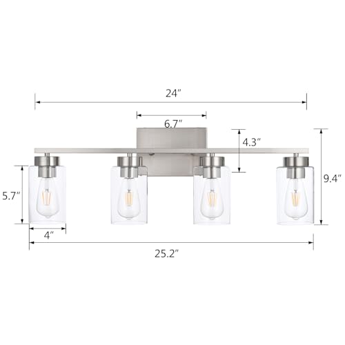 A1A9 4 Light Bathroom Vanity Light Fixtures, Brush Nickel Modern Wall Lights with Clear Glass Shade, Vintage Wall Sconce Lighting for Living Room, Mirror, Bedroom, Hallway (Nickel, 4-Lights) by A1A9 - Image 3