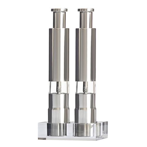 Juego de molinillos de sal y pimienta, 2 saleros manuales de acero inoxidable con botón y base para especias secas de cocina