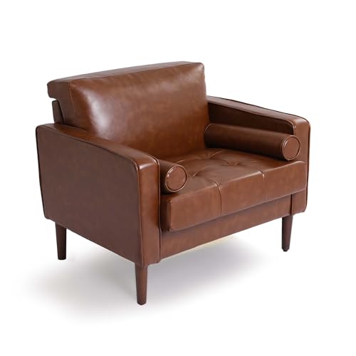 Image of Faux Leahter Accent Chairs Stet of 2, Comfy Upholstered Armchairs for Living Room, Modern Bedroom Reading Seat with 2 Bolster Pillows, Brown