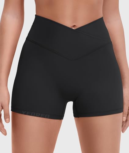 YEOREO Gym Workout Shorts for Women High Waisted Tummy Control Hidden Scrunch 4.5" Booty Shorts Julissa Cross Waist Yoga2