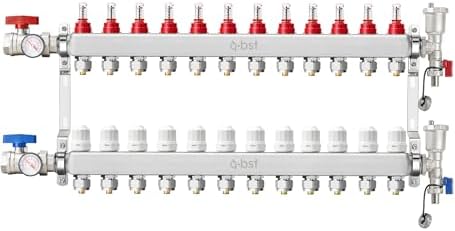12-Branch PEX Manifold, ABST Stainless Steel Floor Heat Manifold Kit with 1/2" Adapters Included for Hydronic Radiant Floor Heating