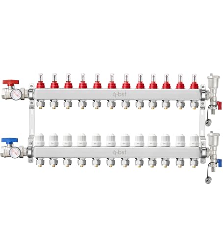 ABST PEX Manifold,12 Loop Stainless Steel Floor Radiant Heat Manifold Kit with 1/2" Adapters Included for Hydronic Radiant Floor Heating