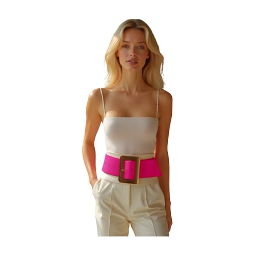 Women Fashion Faux Leather Wide Belt Gold Metal Square Buckle S M Neon Pink